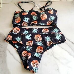 Summer Mae Convertible Top High Waist Bikini Black with a Pineapple Print Size S